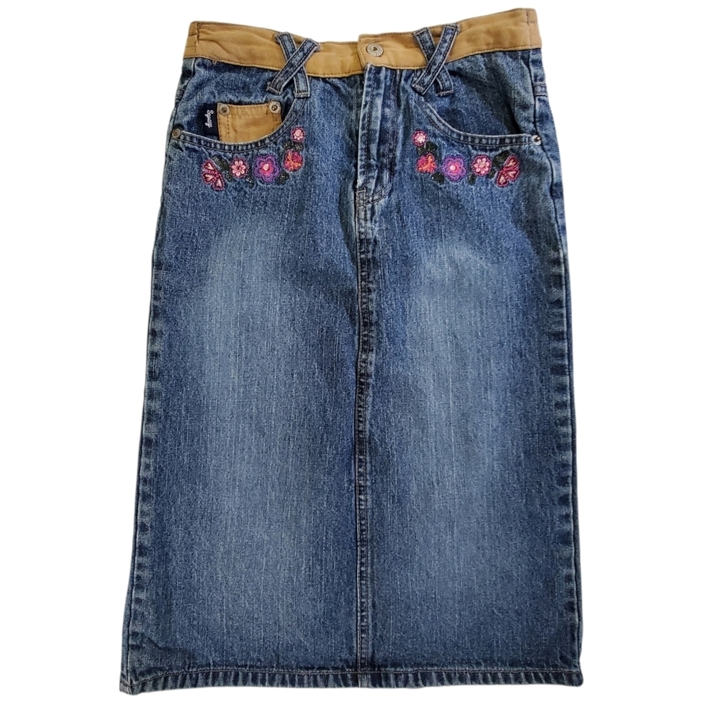 K1247 * Squeeze Girls Denim Floral Embellished Skirt Medium Wash Size XL/6X